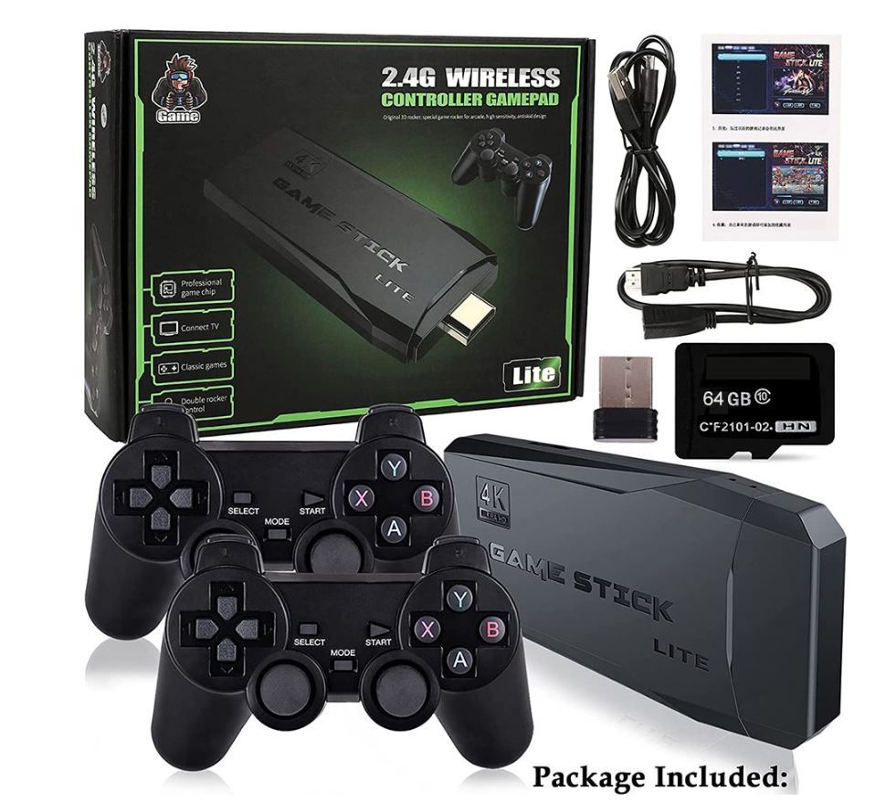 M8, Retro 4K HD, HDMI Game Stick Lite, 2 x 2.4G Wireless Controllers, 10,000 Games, 9 Emulators - 64GB SD Card
