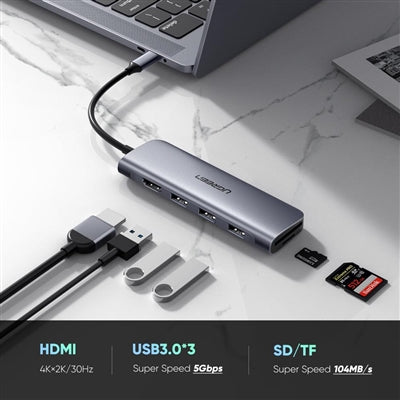 UGREEN 70410 Multifunctional USB-C to 3 Ports USB (3.0) + HDMI + TF/SD