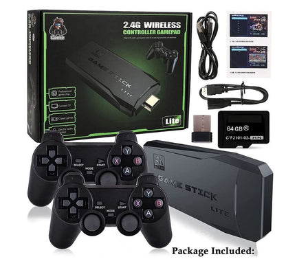 M8, Retro 4K HD, HDMI Game Stick Lite, 2 x 2.4G Wireless Controllers, 10,000 Games, 9 Emulators - 64GB SD Card